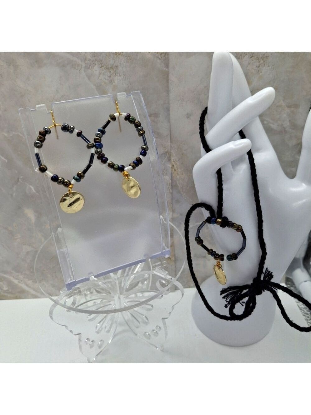 Artisan Handmade Gold and Black Beaded Jewelry Set Earrings And Necklace